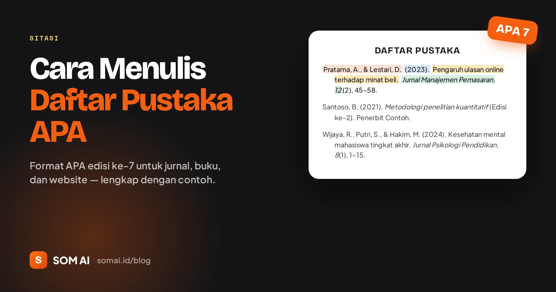 Cara menulis daftar pustaka APA 7 dengan bagian penulis, tahun, judul, dan nama jurnal ditandai